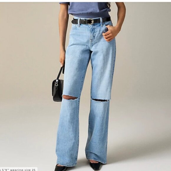 J.Crew Petite Lower Rise Distressed Wide Leg Jean Blue Synniva Wash US 32P NWT. - Picture 2 of 6